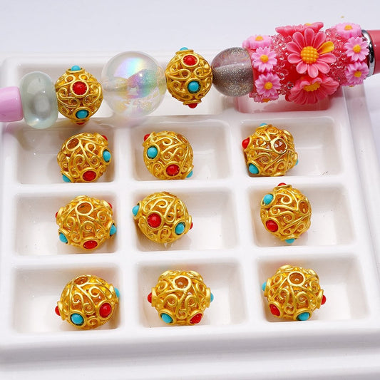 Mini Cute Gold Alloy Hollow Beads with Small Blue Red Balls Inside, Around 11*14MM