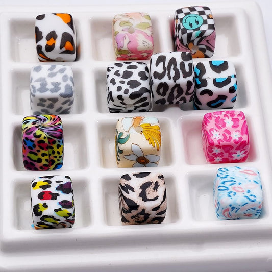 Random Mix Cube Square Printed Silicone Beads, Around 14MM