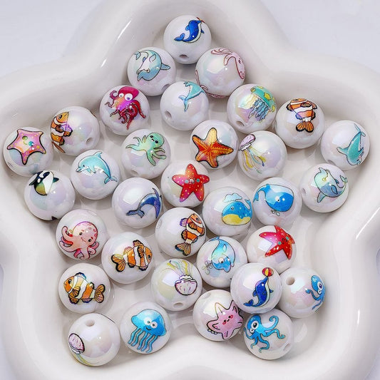 UV Coating Cute Sea Ocean Marine Animals Series Dolphin Clownfish Whale Octopus Starfish Jellyfish Acrylic Beads, 16MM, Random Mix