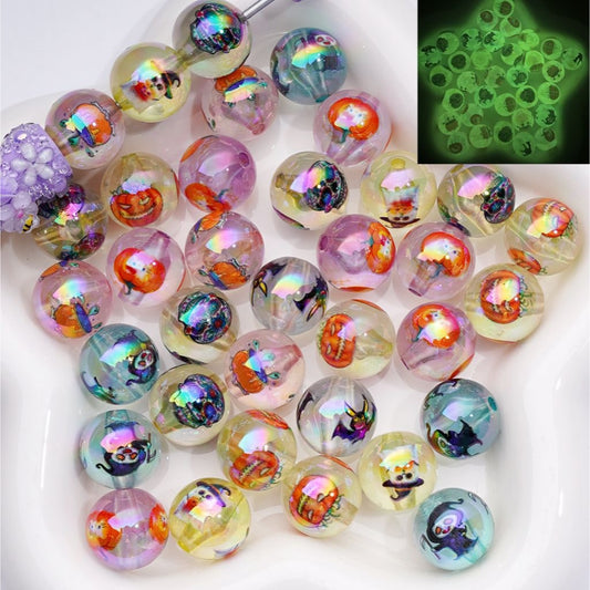 Luminous UV Coating Translucent  Halloween Ghost Pumpkin Wizard Bat Skeleton Round Acrylic Beads,16MM, Random Mix
