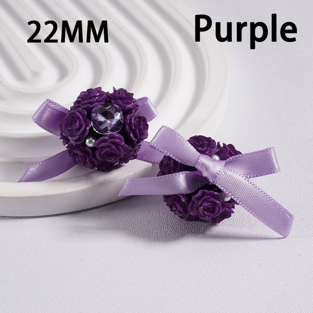 Clay Beads with Luminous Soft Rose Flowers and Shiny Square Rhinestones, White Pearls & Fabric Bowtie Ribbon, 22MM, Multi-Color