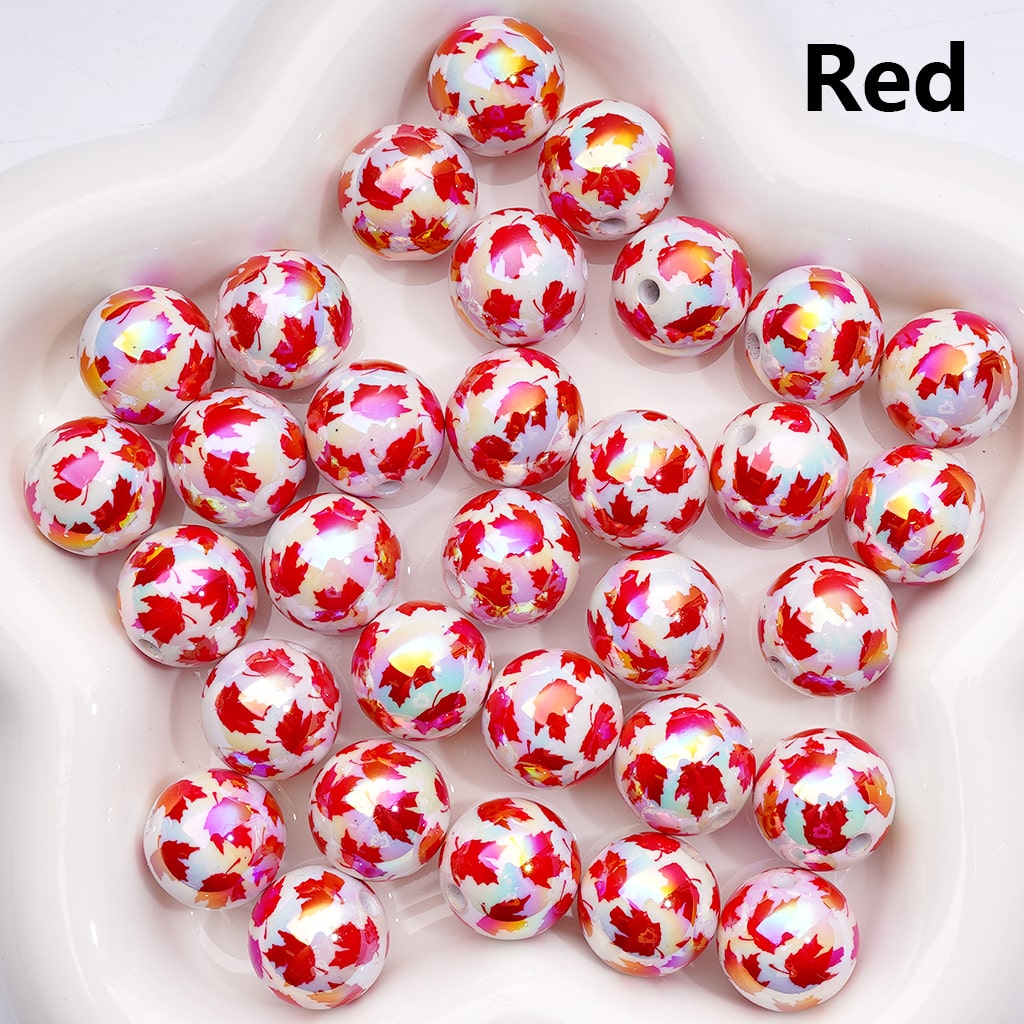 Acrylic Beads UV Coating Maple Leaves Prints Multi-Color, Round 16MM （Single Color is available for 200pcs(Whole Bag))
