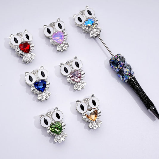 Vivid Fancy Silver Alloy Owls Beads with Big Eyes Mini Clear & Colorful Heart Rhinestones, Around 35*25MM, Random Mix