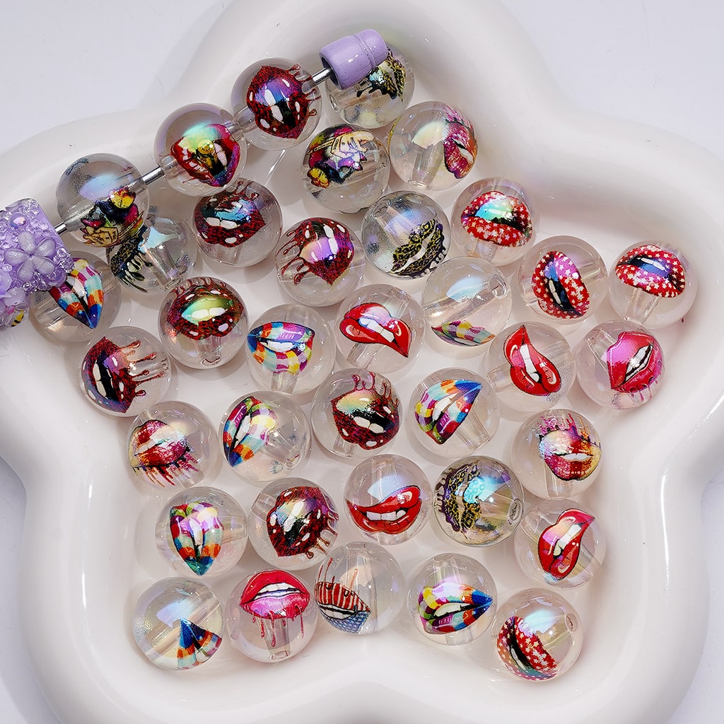 UV Coating Multi-Color lips USA America Patriotism Jelly White Clear Round Acrylic Beads, 16MM