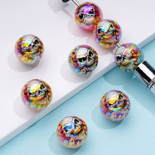 Scary Death Skeleton Face Head Jelly Color Round Acrylic Beads, Random Mix, 16MM