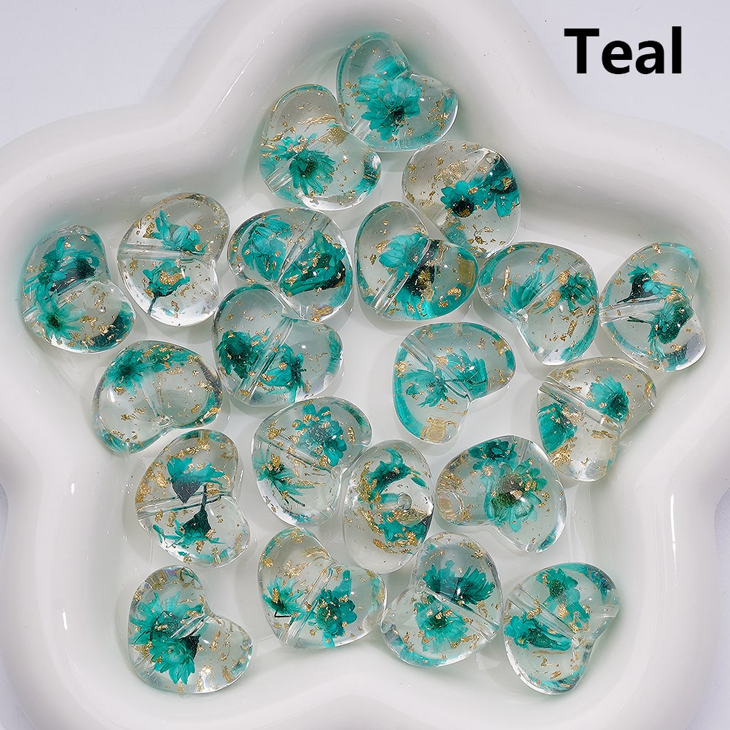 Multi-Color Dried Flowers Gold Foil Paper Inside Clear Heart Acrylic Beads, 20MM (Single Color is available for 200pcs(Whole bag))