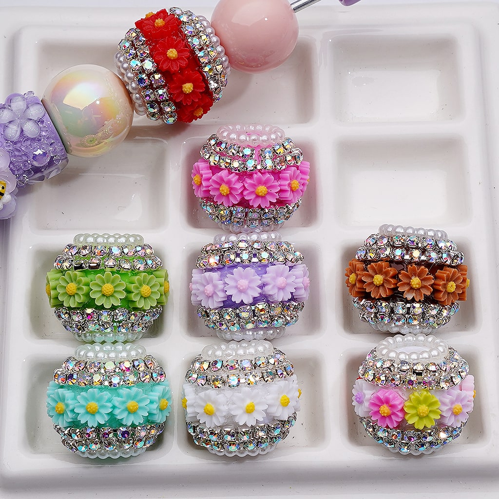 Mini Daisy Flower AB Rhinestones Chains White Pearls Loop Acrylic Beads, Around 20*18MM