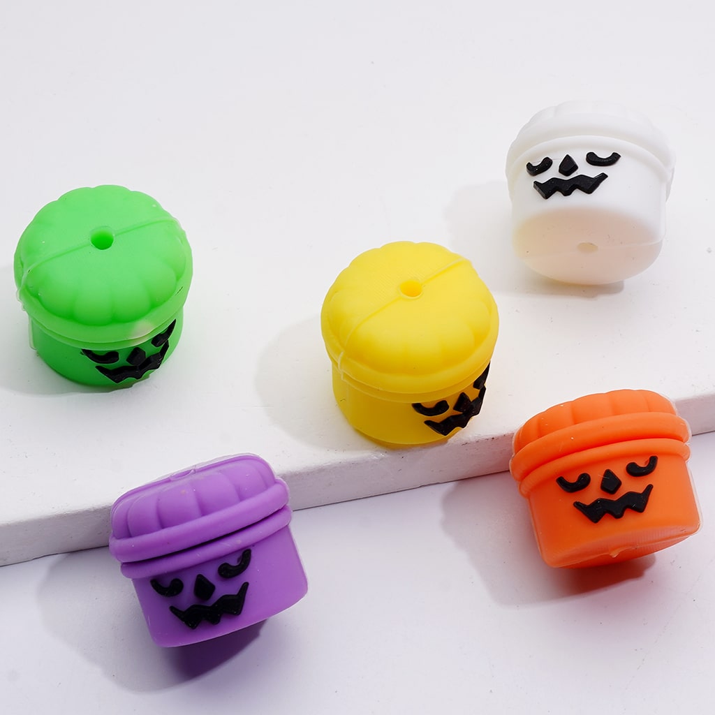 3D Ghost Face Cylindrical Pumpkin Bucket Halloween Silicone Focal Beads