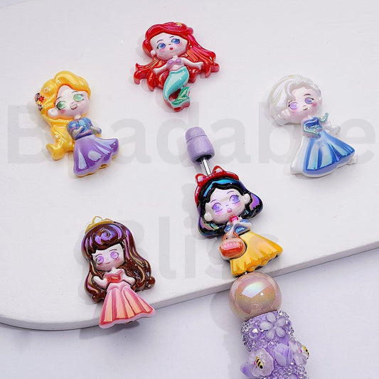 UV Coating Beautiful Disne Princess Series Sno Whit Mermai  Rapunze Els Acrylic Beads, Random Mix