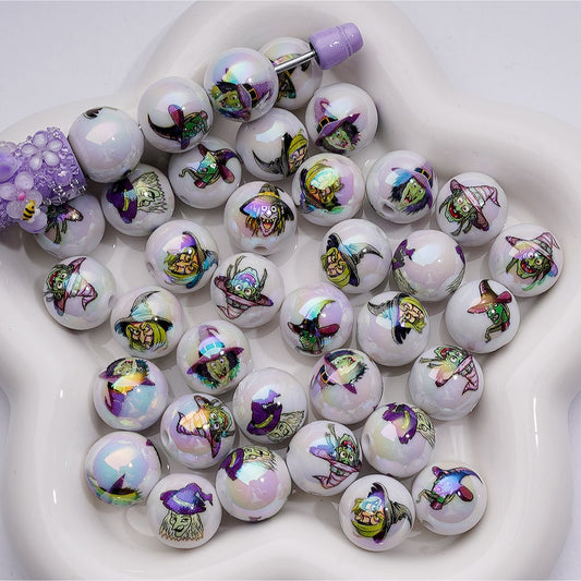 UV Coating Horror Witch Halloween Round Acrylic Beads, 16MM, Random Mix