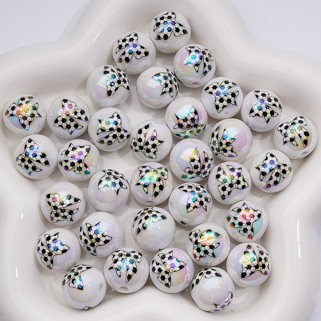 UV Coating American Football Soccer Basketball Volleyball Baseball Softball Series Bowknots White Round Acrylic Beads, 16MM