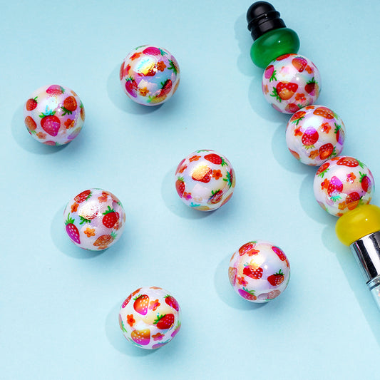 White UV Coating Acrylic Beads with Starwberry and Flower Prints, Random Mix, 16MM, Sale for Whole Bag Only (200pcs)