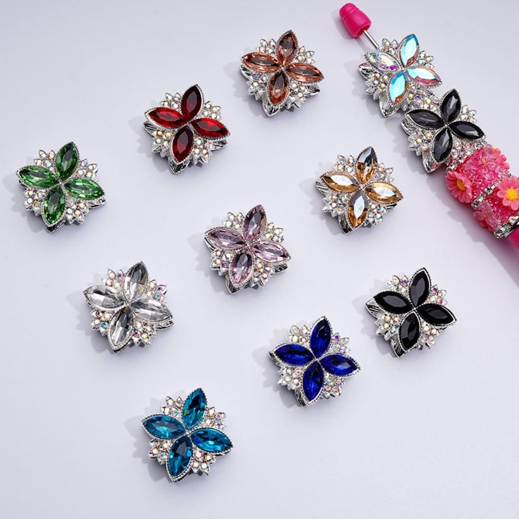 Bling Bling Fancy Silver Alloy Four Leaf Clover with Colorful & AB Rhinestones Beads, Around 26*26MM