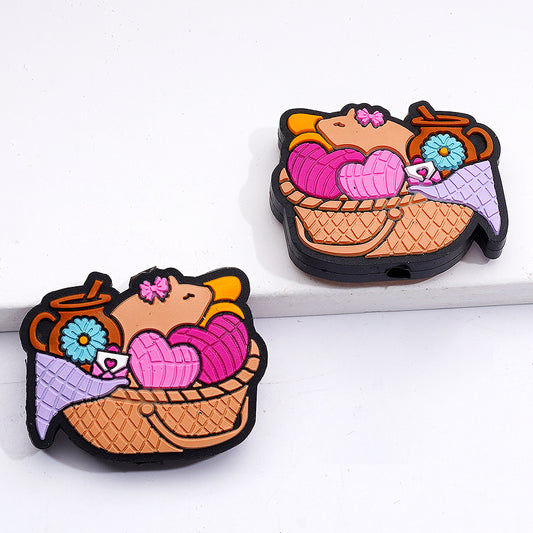 Knitting Basket of Love Hearts Envelopes and Blooming Flowers Silicone Focal Beads