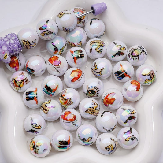 UV Coating Cowboys Series Round Acrylic Beads, 16MM, Random Mix