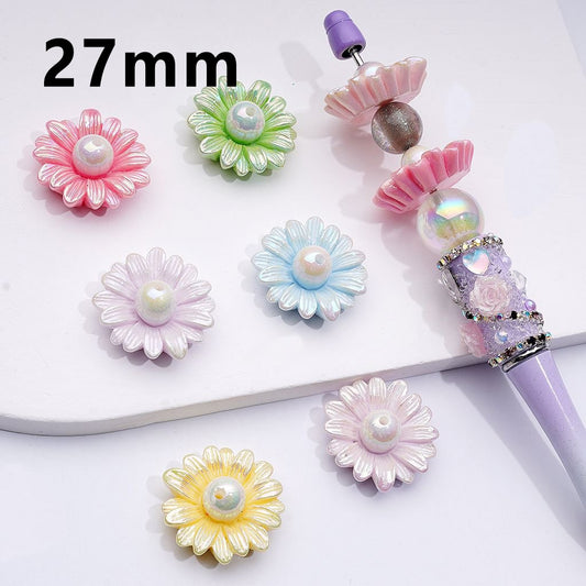 UV Coating Cute Shiny Daisy Flower White Pearl Inside Acrylic Beads, Around 27MM, Random Mix