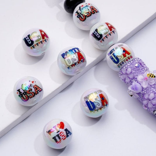 UV Coating USA American National Flag I Love USA Party Patriotism White Round Acrylic Beads, 16MM, Random Mix
