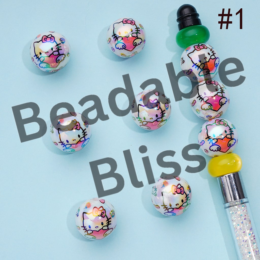 ホワイトUVコーティングアクリルビーズ、クロ、キット、プリント、シナモン、ランダムミックス、16MM