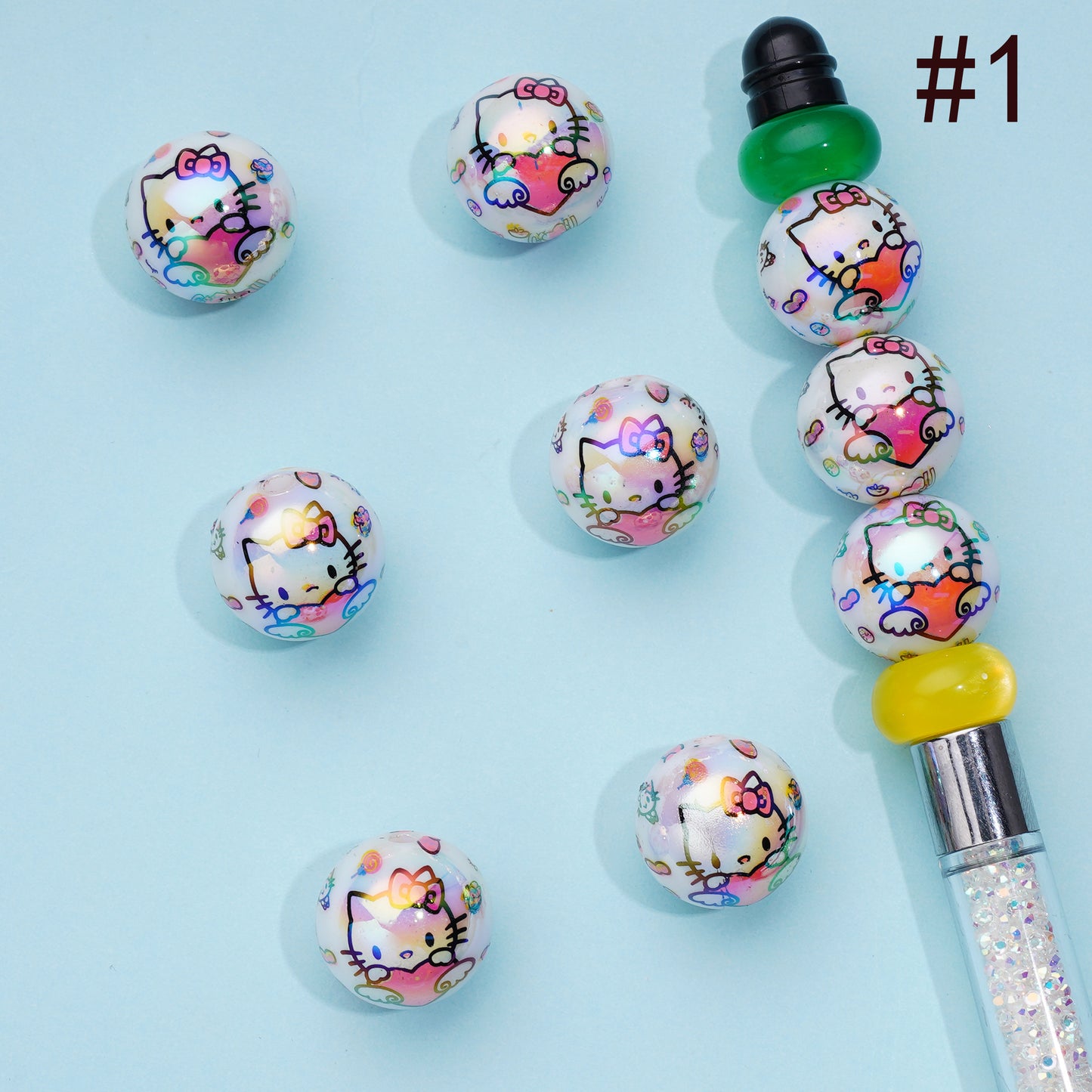 White UV Coating Acrylic Beads with Kuro , Kitt ,   Prints , cinnamon ,Random Mix, 16MM