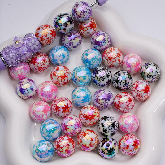 UV Coating Multi-Color Cute Flowers Round Acrylic Beads, 16MM (Single Color is available for 200pcs(Whole bag))