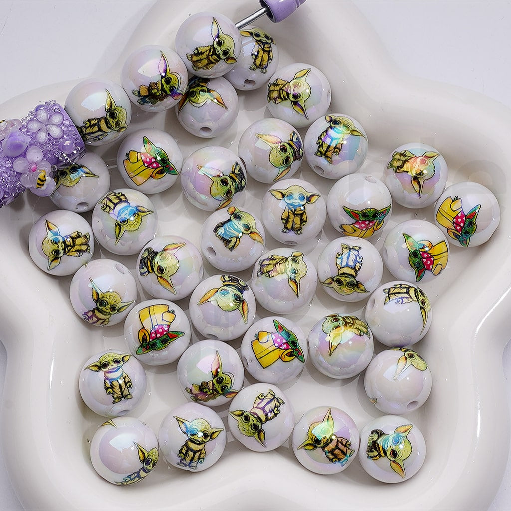UV Coating Cute Baby Yod Sta Wa Round Acrylic Beads, 16MM, Random Mix