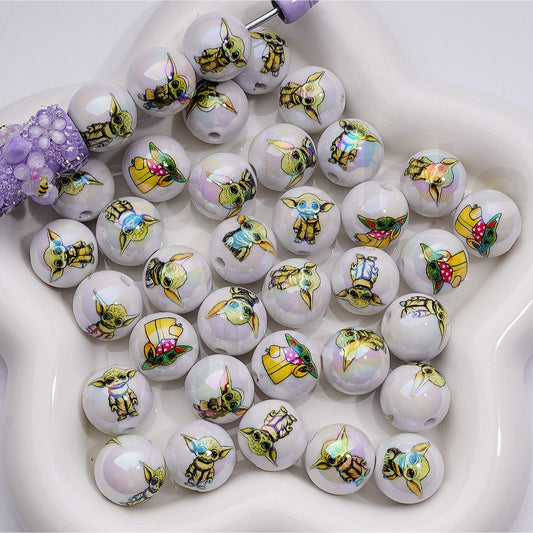 UV Coating Cute Baby Yod Sta Wa Round Acrylic Beads, 16MM, Random Mix