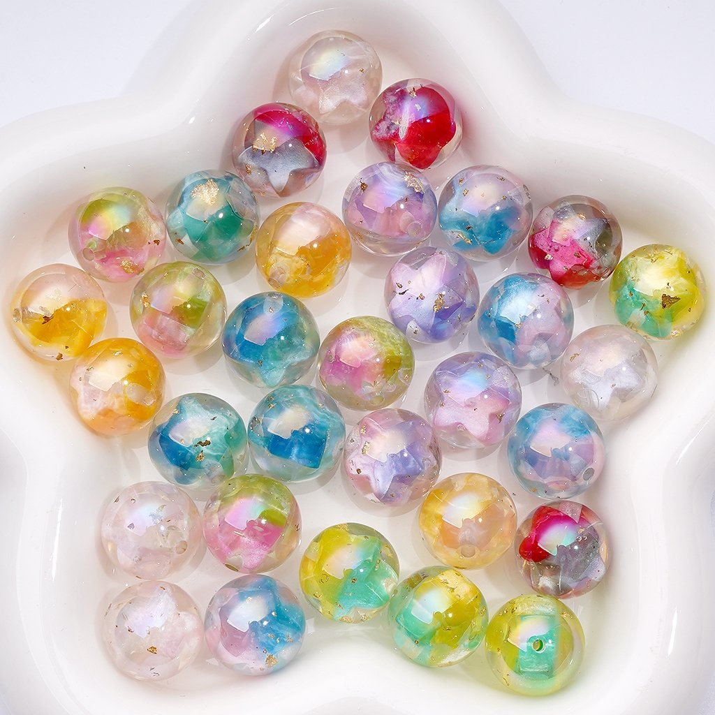 Multi-Color Large Resin Star Gold Foil Paper Inside Round Acrylic Beads, 16MM, Random Mix