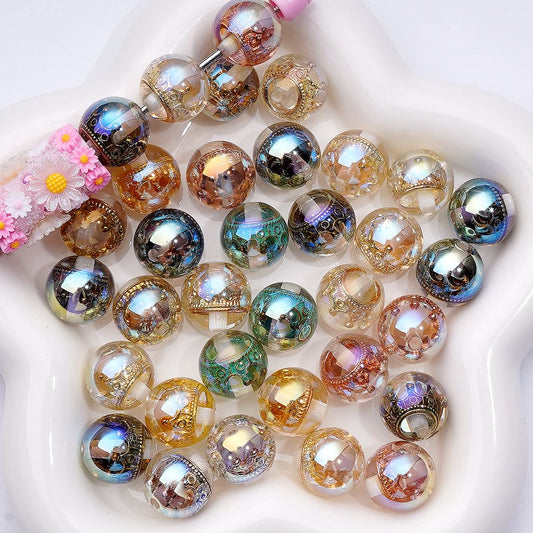 Delicate UV Coating Multi-Color Metal Crown Inside Clear Round Acrylic Beads, 16MM