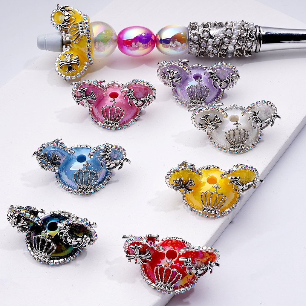 Micki Mouse Ear with Silver Alloy Crown Accessories AB Rhinestones Chains Acrylic Beads,  33*16MM, Random Mix