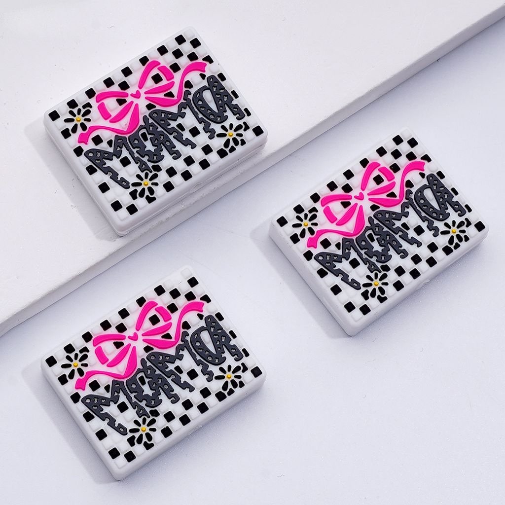 Mama Red Bowknot Mini Cute Flower Black-White Checkered Rectangle Silicone Focal Beads