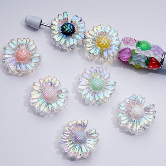 UV Coating Clear Colorful Flower Bellis Perennis Daisy Acrylic Beads, Around 24*10MM