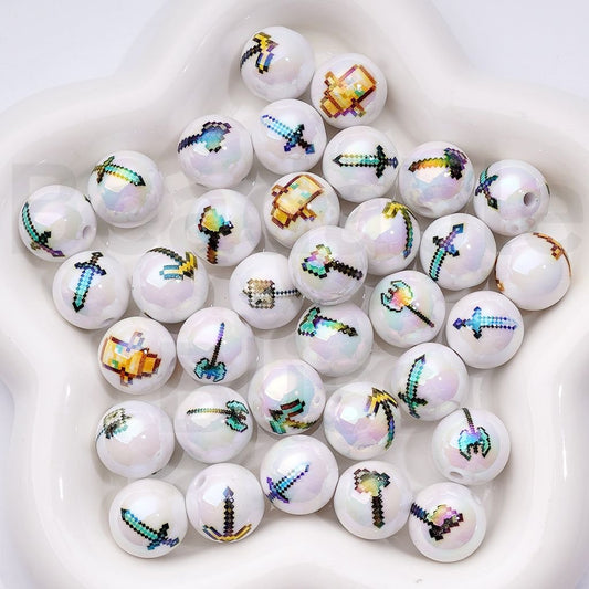 UV Coating Minecraf Weapons Series White Round Acrylic Beads, 16MM, Random Mix