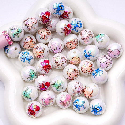 UV Coating Cute Sea Ocean Marine Animals Octopus Acrylic Beads, 16MM, Random Mix