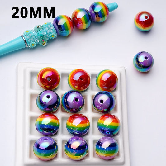 UV Coating Shiny Solid Color Rainbow Prints Round Acrylic Beads, 20MM