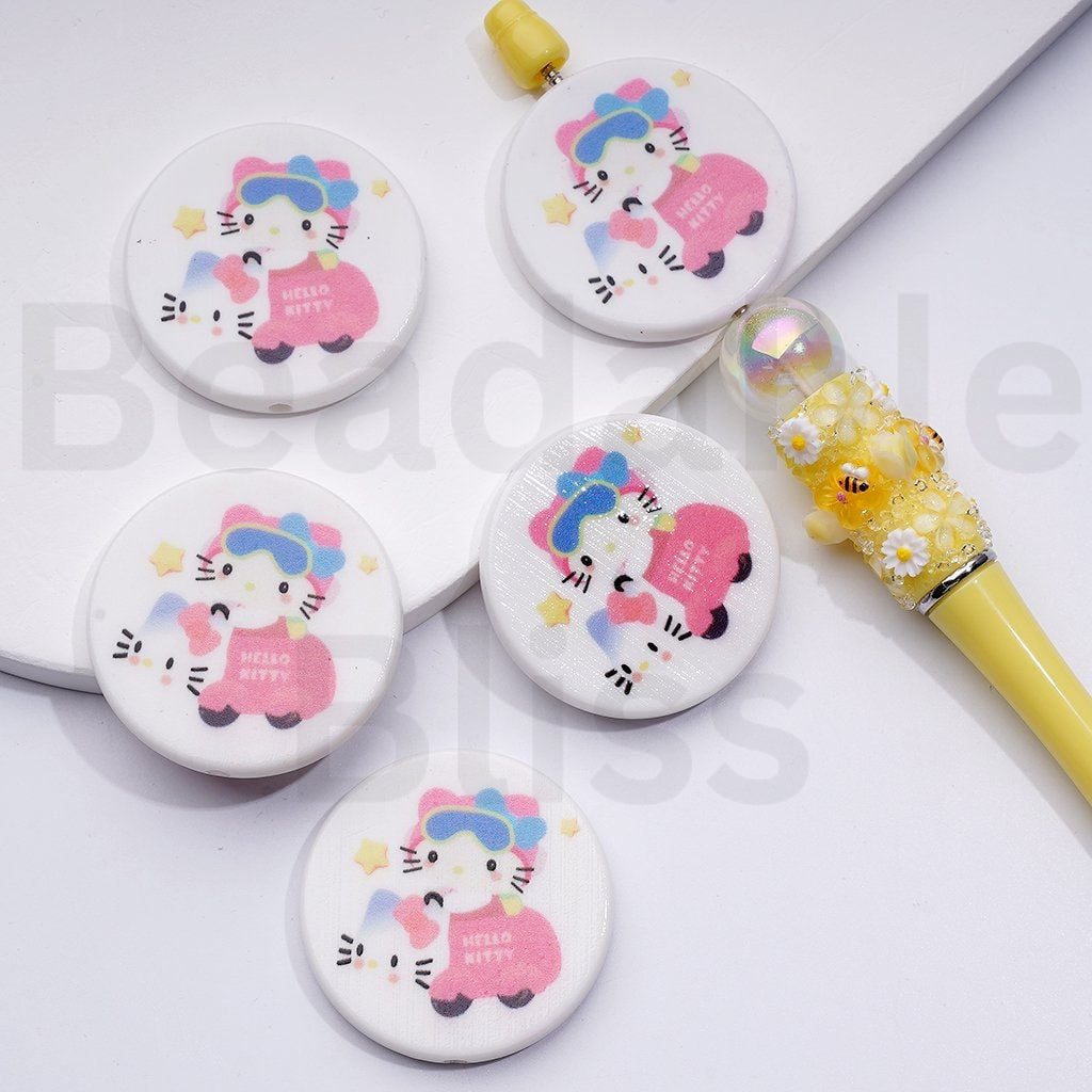 Cute HK Kitten with Blue Wings Ice Cream Drives a Car Unicorn Sanri Round Flat Acrylic Beads, Around 38MM