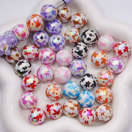 UV Coating Multi-Color Cute Birds Flowers Round Acrylic Beads, 16MM, Random Mix