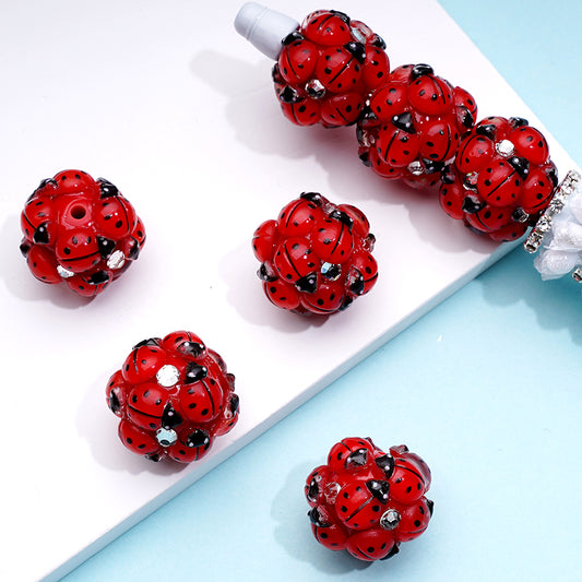 Cute Red Ladybugs AB Rhinestones Round Acrylic Beads, Around 18MM