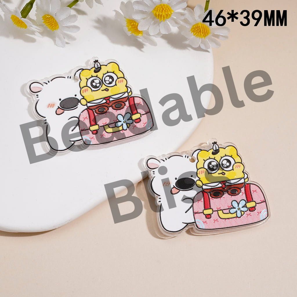 Acrylic Charms Pendant with Puppy Holding Yellow Sponge Character and Bag Detail, Hanging Loop, 46*39MM