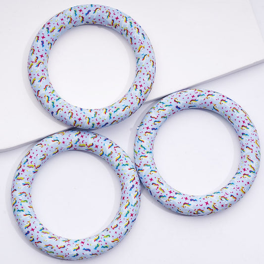 Printed Silicone Ring Frame Bead Circle Round Soft Car Hanger Charm Loop with Unicorn Star Moon Blue 65mm