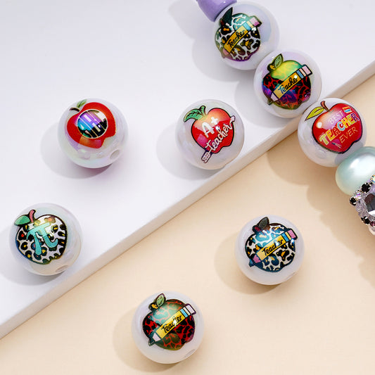UV Finish Teacher Apple ABC White Round Acrylic Beads, Random Mix, 16MM