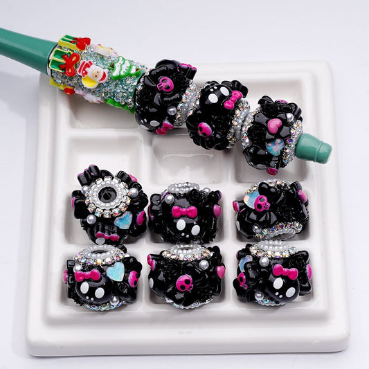 Cute Halloween Black Pink Ghost Skeleton Skull Head Bowknot Heart Cross Flower White Pearls AB Rhinestones Chains Acrylic Beads, Around 23*18MM
