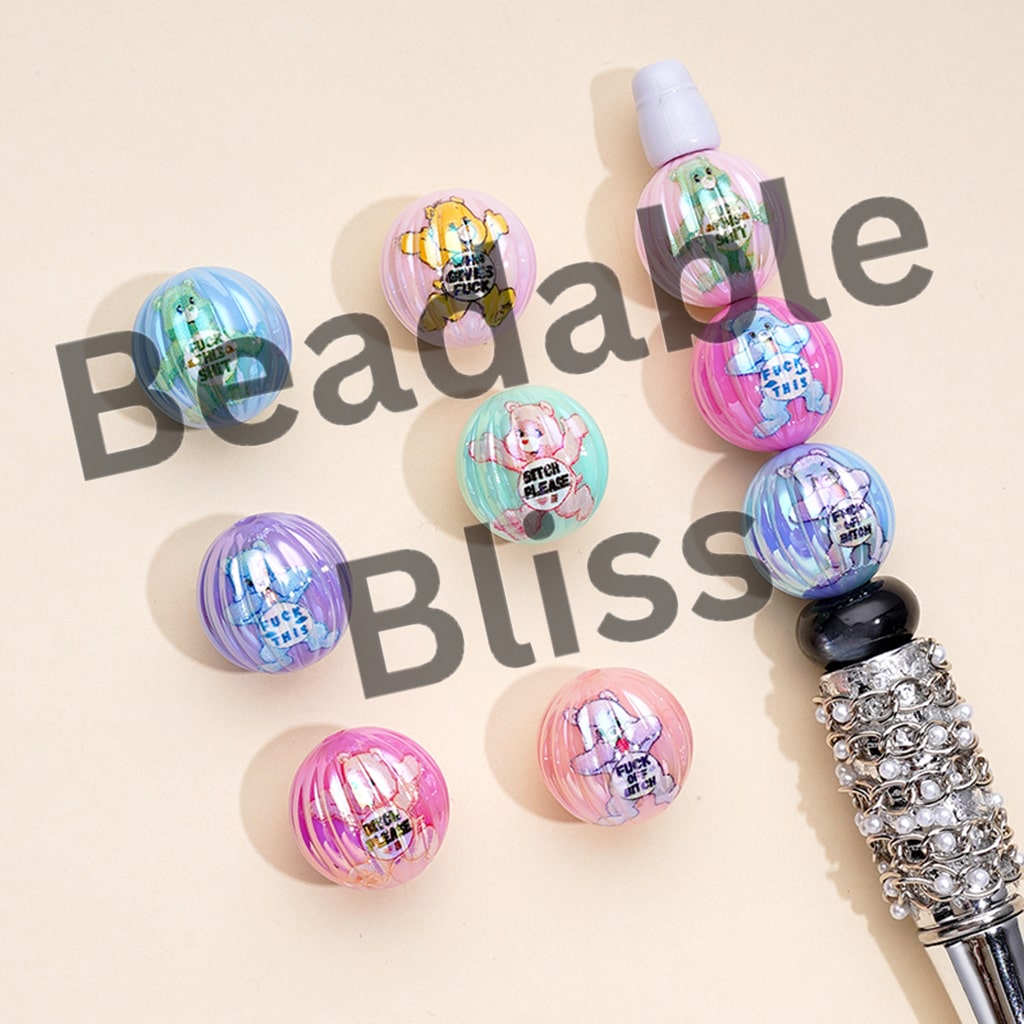 UV Coating Rainbow Bears Humor Word Pumpkin Round Acrylic Beads, Random Mix, 16MM