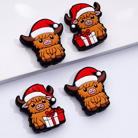 Cute Cows with Red Christmas Hats Gift Boxes Silicone Focal Beads
