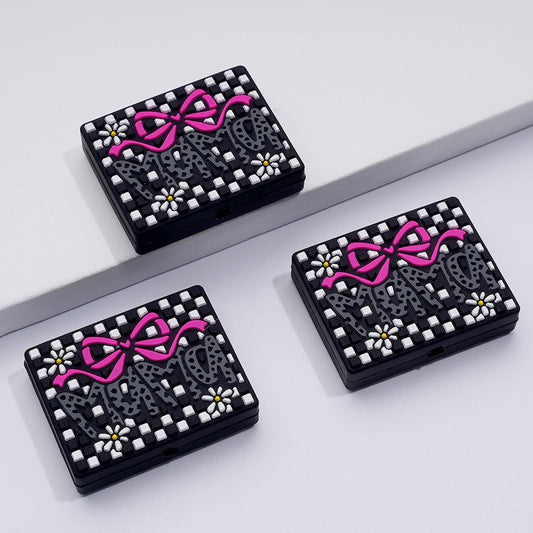 Mama Red Bowknot White Flowers Black White Checkered Rectangle Silicone Focal Beads