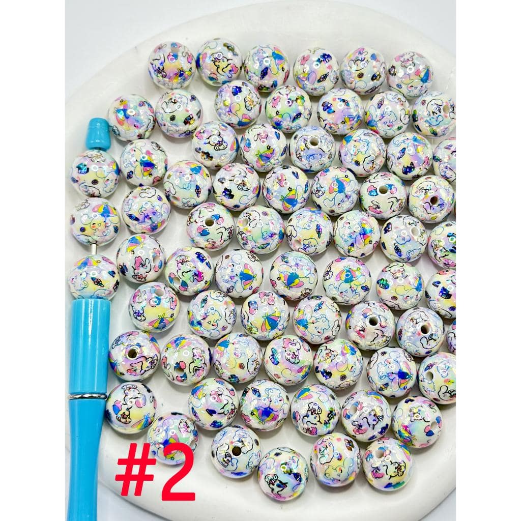 White UV Coating Acrylic Beads with Kuro , Kitt ,   Prints , cinnamon ,Random Mix, 16MM