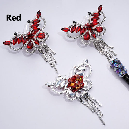 A collection of pens with silver alloy butterflies and sparkling rhinestones in various colors including blue, black, red, purple, and pink.

