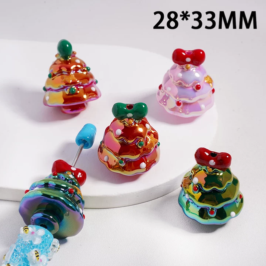 Acrylic Beads UV Coating Red & Green Christmas Tree with Bowtie 28*33MM