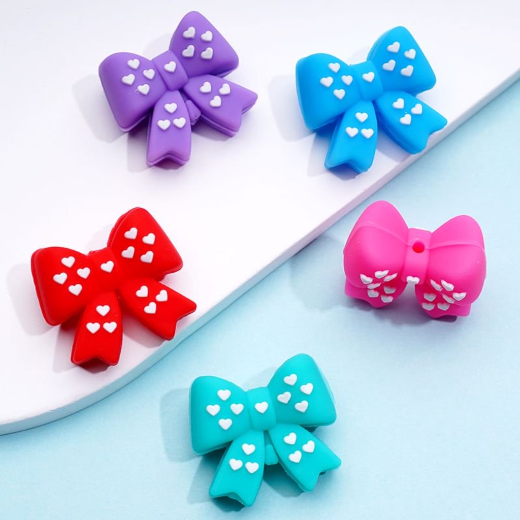 3D Cute Bows Bowknots with White Hearts Silicone Focal Beads, Random Mix