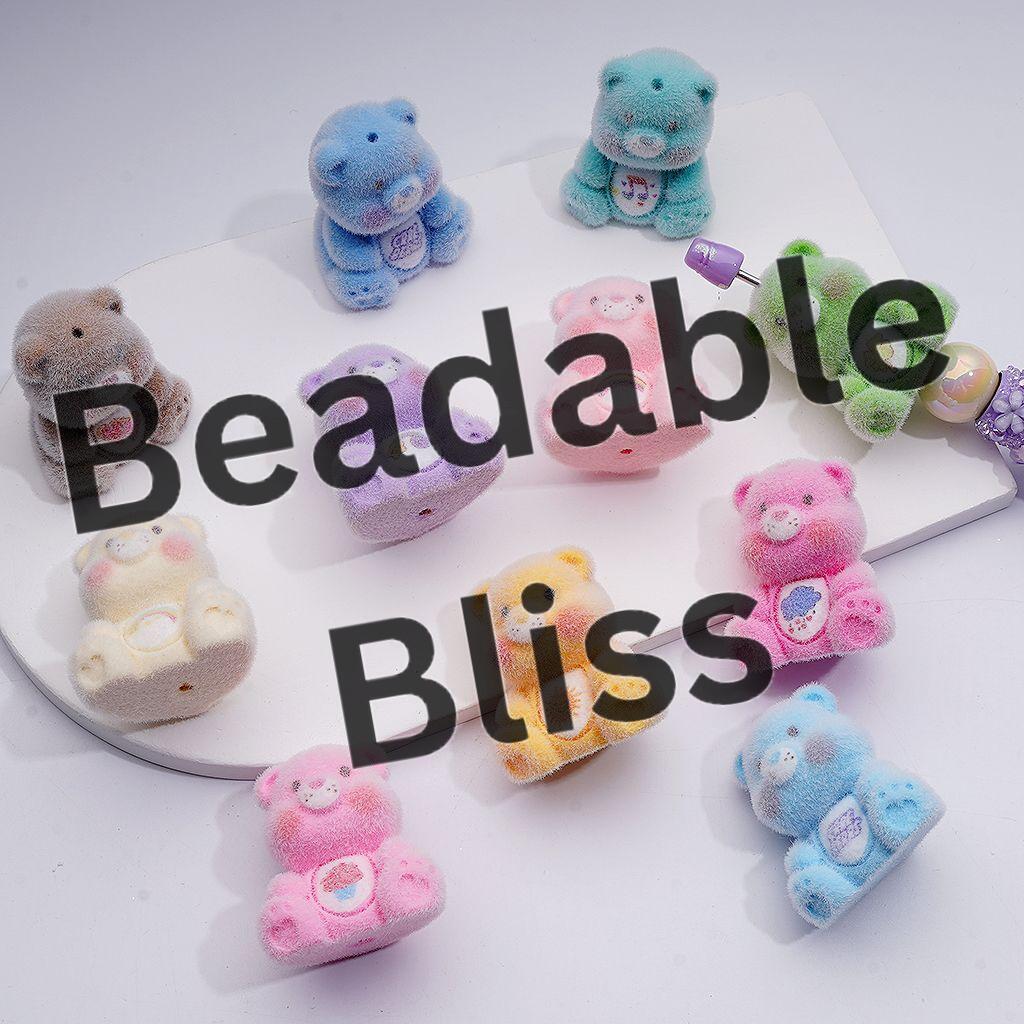 Cute Flocked Rainbow Bear Acrylic Beads Pen Toppers Pendants Jewelry Accessories, 36*32MM