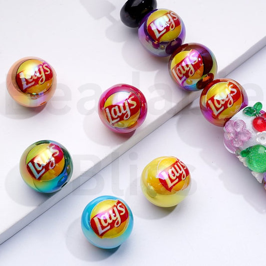 UV Coating Colorful La Potato Chips Round Acrylic Beads, Random Mix, 16MM